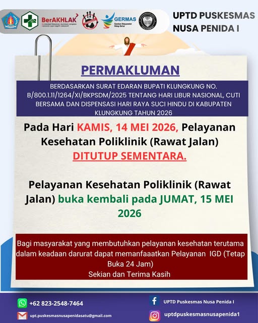 Pengumuman Penutupan Sementara Pelayanan Poliklinik Puskesmas dalam Rangka Kenaikan Isa Almasih Tahun 2026