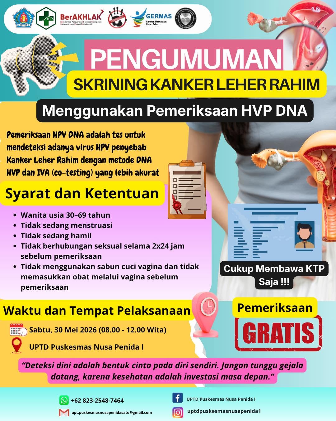 Pengumuman Skrining Kanker Leher Rahim dengan Metode HPV DNA Co-Testing IVA di Puskesmas Nusa Penida I