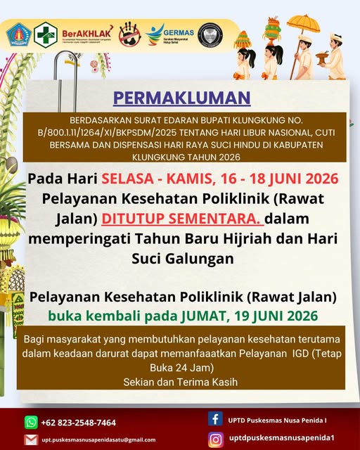 Pengumuman Libur Pelayanan Poliklinik Puskesmas 16–18 Juni 2026